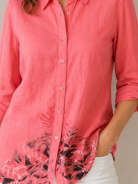Women’s Coral Button-Down Shirt with Botanical Hem